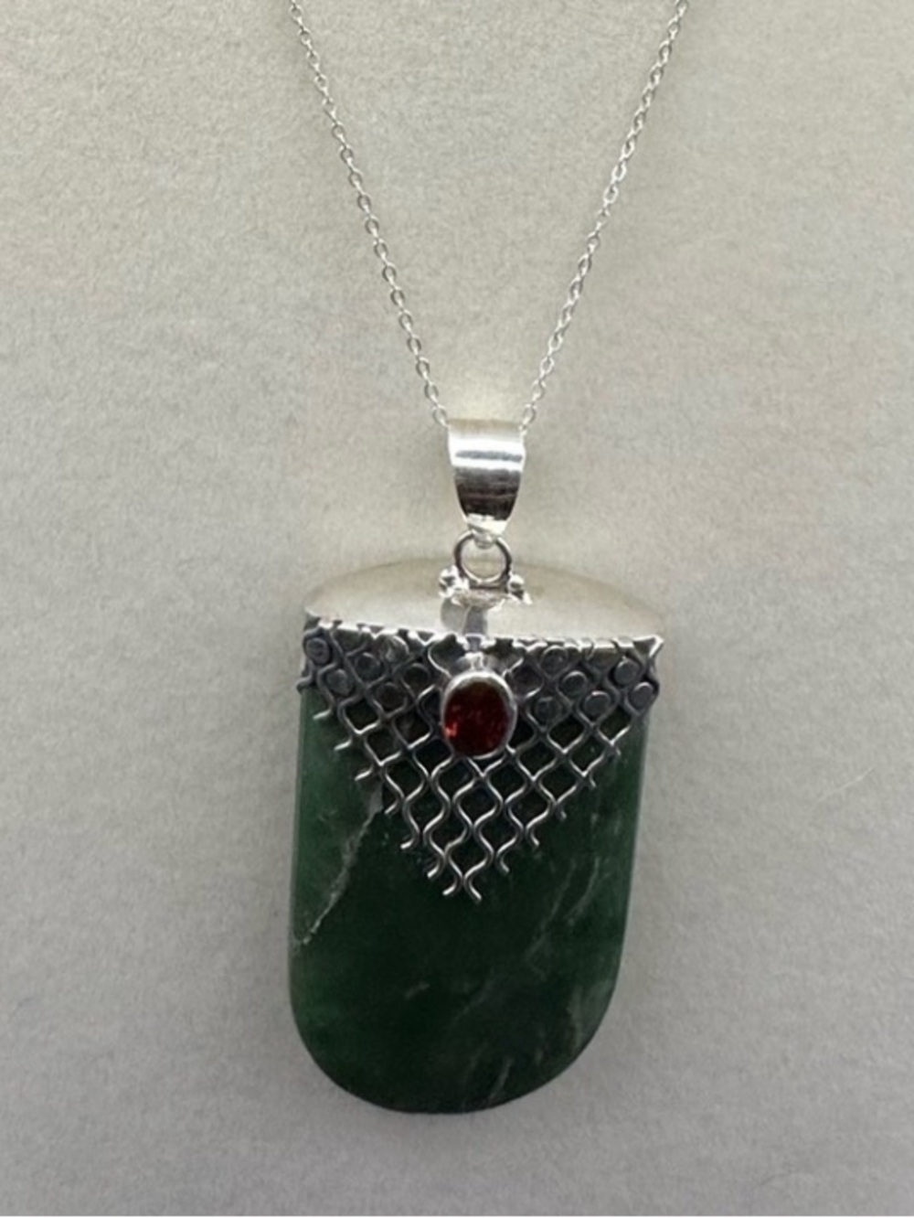 Jade and garnet pendant on silver chain large statement piece